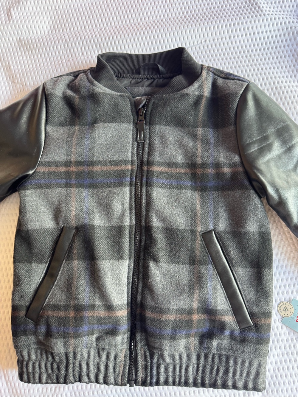Kids XS(4/5) Plaid Bomber Jacket with Faux Leather Sleeves - Gray